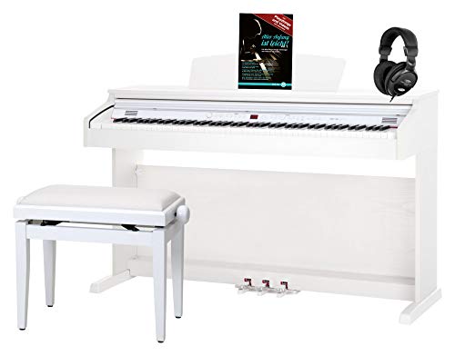 Classic Cantabile DP-50 Piano digital 88 teclas con mecanica martillo - Teclado electronico USB, 32 polifonía y funcion Twin-Piano - Organo musical para ninos - Set con banqueta y auriculares - Blanco