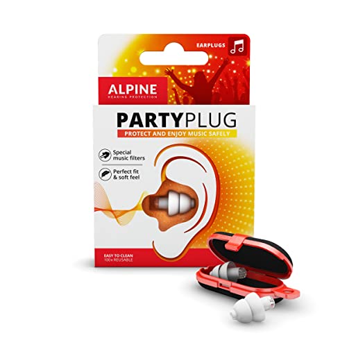 Alpine PartyPlug Tapones para los oídos para Fiestas, festivales de música y conciertos - Cómodo material hipoalergénico + Contenedor llavero - Tapones reutilizables - Blanco