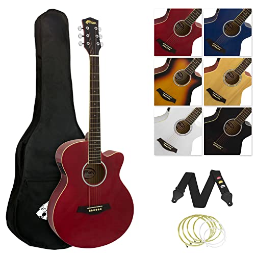 TIGER ACG4-RD Guitarra electroacústica para estudiantes de tamaño completo con ecualizador incorporado, funda, correa, cuerdas de repuesto y púas - Rojo