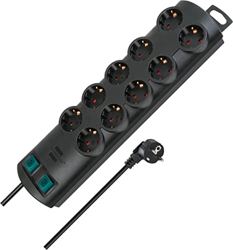 Brennenstuhl Primera-Line regleta enchufes con 10 tomas corriente y 2 interruptores individuales (cable de 2 m, interruptor iluminado, montable) negro