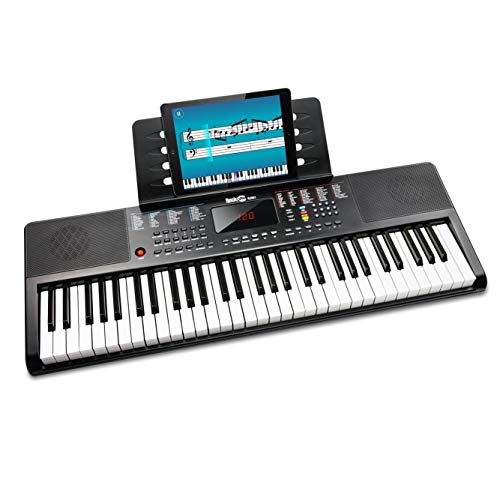 Teclado RockJam compacto de 61 teclas con soporte para partituras, fuente de alimentación, pegatinas para notas de piano y lecciones de piano simples