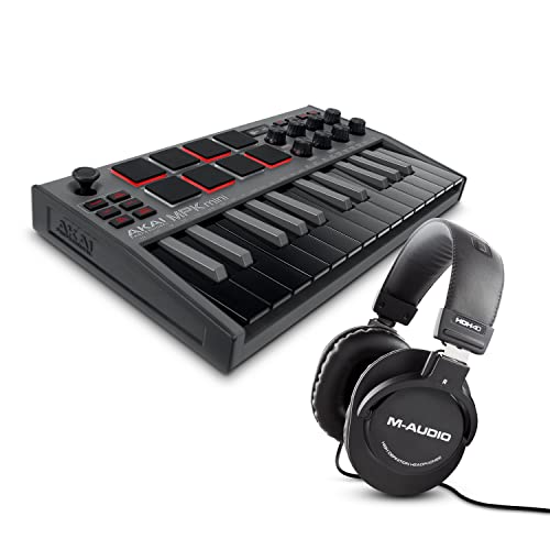 AKAI Professional MPK Mini MK3 Black + auriculares HDH40 de M-Audio - Teclado Controlador MIDI USB de 25 Teclas con Auriculares de estudio de diseño cerrado para grabación y monitorización en estudio