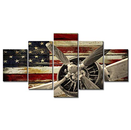 Impresiones en lienzo HD Vintage American US USA Flag Lienzo Arte de la pared Impresiones Retro Warplanes Home Decor Pictures 5 paneles 200x100 cm
