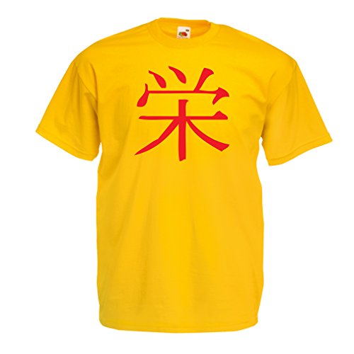 lepni.me Camisetas Hombre Símbolo Kanji Palabra Japonesa para el Carácter de Caligrafía de Gloria y Prosperidad (M Amarillo Rojo)