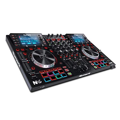 Numark NVII - Controlador de DJ profesional de Doble Pantalla de alta resolución y 4 Decks para Serato DJ (Incluido) con Platos Metálicos, 16 Pads Sensibles a la Velocidad y Paquetes Toolroom Remix