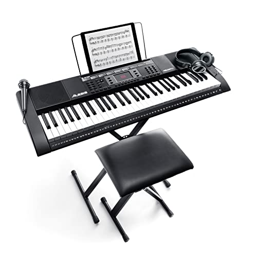 Alesis Melody 61 MKII – Teclado de piano eléctrico con 61 teclas, altavoces integrados, auriculares, micrófono, soporte para piano, atril y banqueta, Color Negro