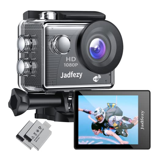 Jadfezy WiFi Cámara Deportiva Ultra HD 1080P, 12MP Action Camera con Gran Angula Lente, Cámara Subacuática Impermeable 30m/98pies con 2×1050 mAh Baterías y Accesorios Kit para Casco y Bicicleta, etc.