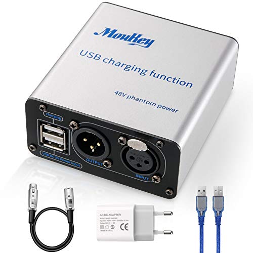 Moukey 1-Canal Phantom Alimentación 48V con Adaptador,USB y 3 Metros Cable de Audio XLR para Cualquier Equipo de Grabación Micrófono Condensador Músico