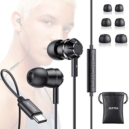 AGPTEK Auriculares USB Tipo C In-Ear Sonido Estéreo con Micrófono y Control de Volumen, Compatible con iPad Pro, Huawei P30/P20/Mate20, Xiaomi Mi 5/6/8/9, Negro