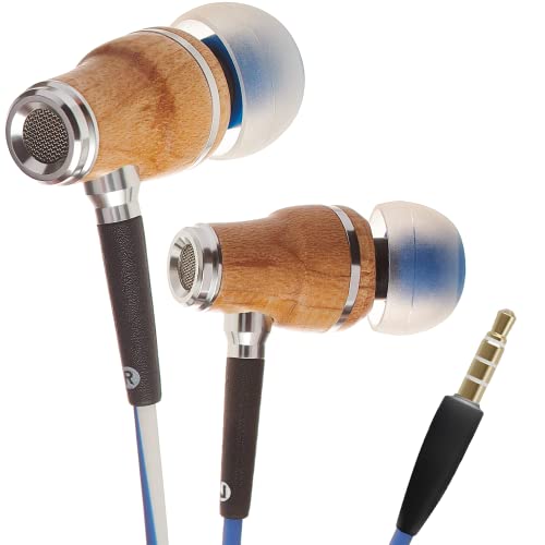 Symphonized NRG X Wood Earbuds Wired with Microphone, Stereo in Ear Headphones for Computer & Laptop, Noise Isolating Earphones for Android Cell Phone with Booming Bass Azul y Blanco