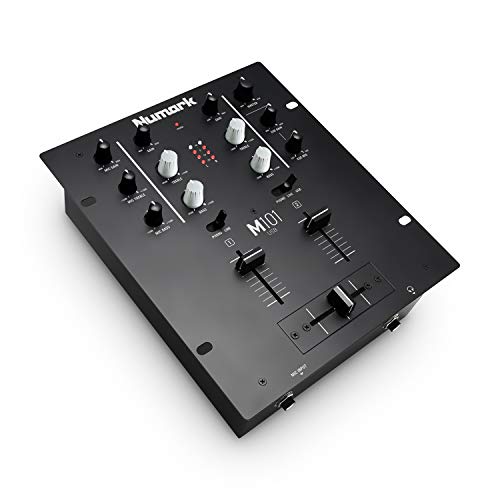 Numark M101USB - Mezclador DJ de 2 canales, montable en rack con EQ de 2 bandas, interfaz de audio integrada, entrada micro y crossfader reemplazable