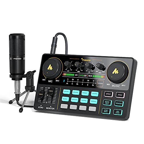 Interfaz de audio con mezclador de DJ y tarjeta de sonido,MAONO portátil todo en uno Podcast estudio de producción con micrófono de 3,5 mm para guitarra, transmisión de Youtube en vivo(AM200-S1)