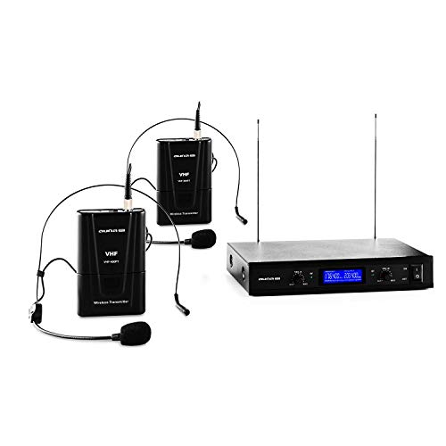 Malone VHF-400 Duo 2 - set de micrófonos inalámbricos VHF de 2 canales, 2 x micrófonos de diadema inalámbricos, alcance de 50 m, volumen ajustable por canal, reducción de ruido interno, negro
