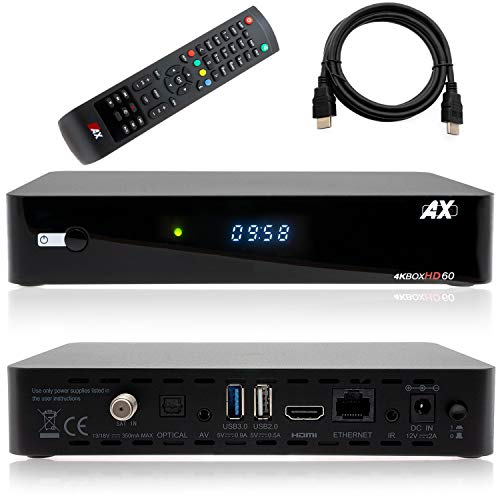 AX HD60 4K UHD 2160p E2 Linux 1xDVB-S2X Receptor de satélite incluye cable HDMI [preprogramado para Astra & Hotbird]