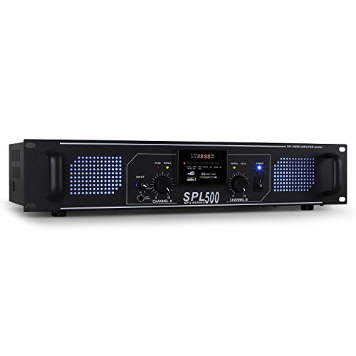 Skytec SPL-500 Amplificador PA (2 x 250W Potencia, USB, SD, Entrada Auxiliar, 3X Linea para MP3, pc o Reproductor de CD, iluminacion Led Azul)