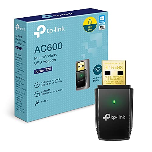 TP-Link Archer T2U - Adaptador WiFi USB AC600 Mbps, Receptor WiFi para PC, Doble Banda 2.4GHz/5GHz, Mini Tamaño, USB 2.0, Seguridad avanzada, Color Negro