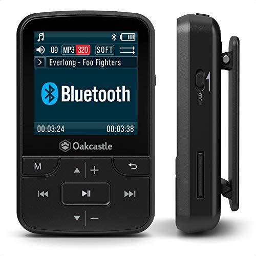 Oakcastle MP100 Reproductor MP3 8GB con Ranura Micro SD, Bluetooth, Inalámbrico, Batería Larga Duración para Uso Exterior, Deportes, Compatible Tarjetas SD de 32GB, 64GB, 128GB Auriculares incluidos