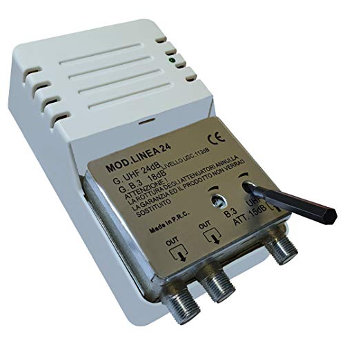 Línea 24 - Amplificador para Antena Digital de Interior a 2 Salidas, Conector F, Amplificador de línea con Ganancia Ajustable 24 dB VHF/UHF