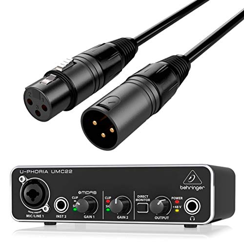 Behringer Interface Audio USB UMC22 U-Phoria + Cable Premium XLR Macho/XLR Hembra 6 Metros