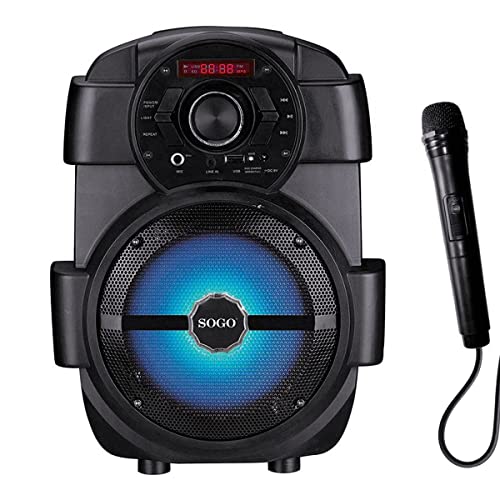 SOGO SS-8760 Sistema de Karaoke portátil de Altavoz Bluetooth (6.5') con micrófono con cable, USB 2.0 (32gb) MP3 / Radio FM/AUX IN, batería Recargable Luces Multicolor - Negro