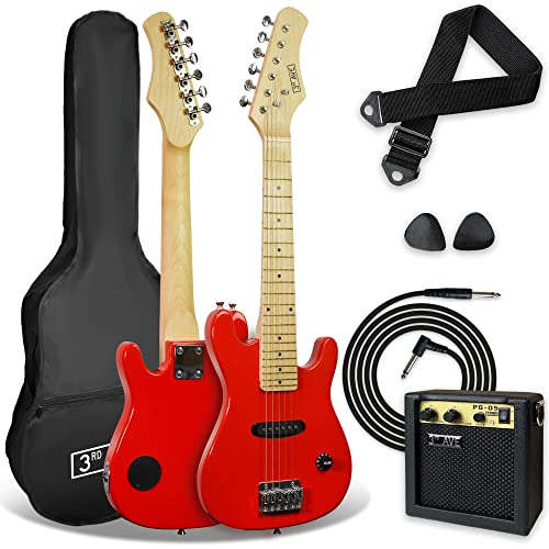 3rd Avenue Pack de guitarra eléctrica de tamaño 1/4 para niños principiantes de 3rd Avenue, amplificador portátil de 5 W, cable, funda de transporte, púas y correa – Rojo