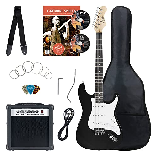 Rocktile Banger's Pack Kit de Guitarra Eléctrica Completo - Guitarra electrica con 3 Single-Coil pick-up - Juego con amplificador, bolsa, correa, cuerdas de repuesto y cable - Negro