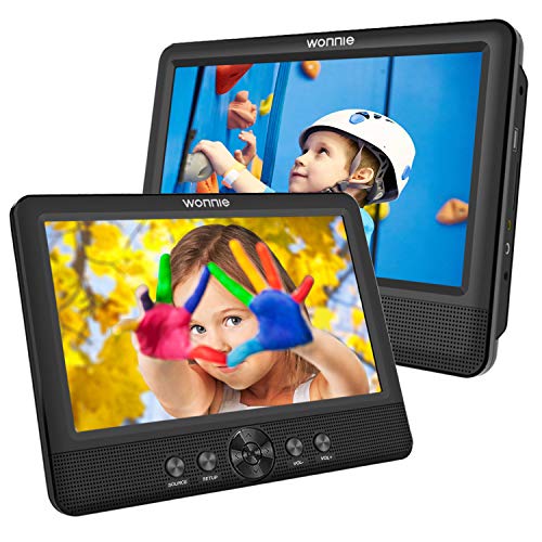 WONNIE 2 Reproductor de DVD Portátil para Coche, con 10.5' Doble Pantallas para Niños Viaje 5 Horas Batería Recargable Compatible con Tarjeta SD y USB con 2 Mando a Distancias