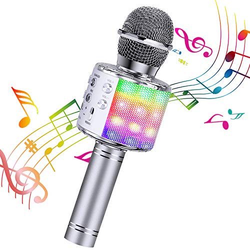 ShinePick Micrófono Karaoke Bluetooth, Microfono Inalámbrico Karaoke Portátil con Altavoz para Niños Canta Partido Musica, Compatible con Android/iOS PC, AUX o Teléfono Inteligente (Plata)