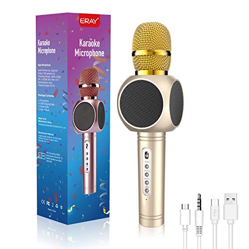 Microfono Karaoke Bluetooth3.0, 2 Altavoces Incorporados, Batería de 2600mAh, 3.5mm AUX, Compatible con PC/ iPad/ iPhone/ Smartphone, Color Dorado