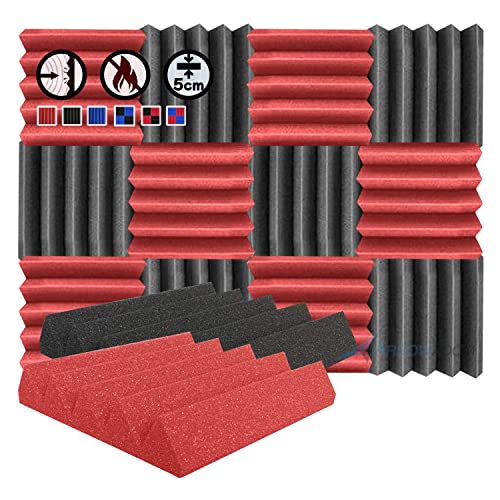 Arrowzoom 12 Paneles acustico absorción sonido Cuña Wedge 25x25x5cm Espuma acústica aislamiento acustico estudio de grabación Casas Estudios Azulejos Incombustibles Insonorizados Negro Rojo