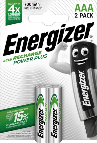 Energizer - Recargables, Pack de 2 pilas AAA 700 mAh, precargada, para dispositivos uso frecuente y cientos de recargas