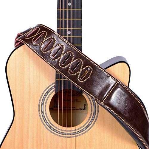 Mugig Correa para guitarra de piel, doble espesor, ajustable de 127 – 145 cm, ancho 8,5 cm, correa vintage para guitarra/bajos (marrón oscuro)