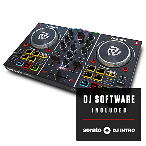 Numark Party Mix I | La versión II ya disponible a la venta | Controladora DJ plug-and-play de 2 canales para Serato DJ Lite con tarjeta de sonido incorporada, crossfader, jogwheels y luces de fiesta