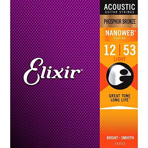 Cuerdas de guitarra acústica Elixir Strings de bronce fosforado con recubrimiento NANOWEB, calibre ligero (.012-.053)