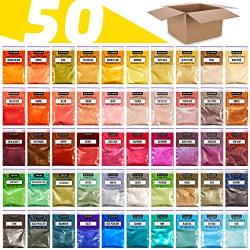 Mica en Polvo: 50 Colores Juego Pigmentos Mica para fabricación Jabón/Pigmento Resina Epoxi/Colorante para Bombas Baño/Tinte de Maquillaje